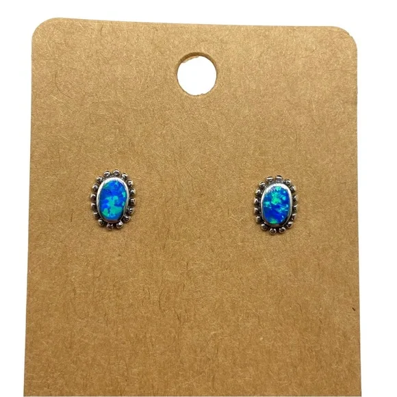 Blue Fire Opal Stud Earrings Solid Sterling Silver 925 Dainty Stone Boho Jewelry - Picture 6 of 7